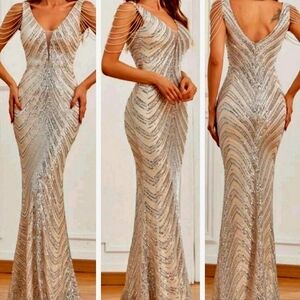 Silver, Backless, V Neck, Draped Rhinestone,  Contras Sequined Mermaid G…